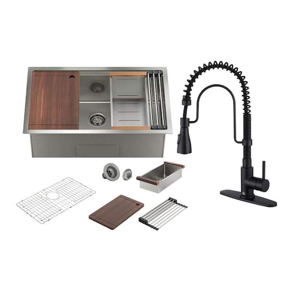 CASAINC All-in-One 32 in. Undermount Single Bowl 16 Gauge Nano Brushed Stainless Steel Workstation Kitchen Sink with Faucet