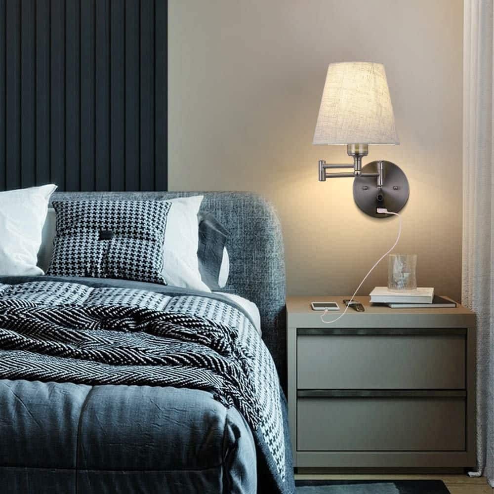 1 Bulb Light Satin Nickel Plug-In or Hardwired Wall Lamp with Linen Fabric Shade and 71 in. Cord LED Sconce price history on PriceWatchPro