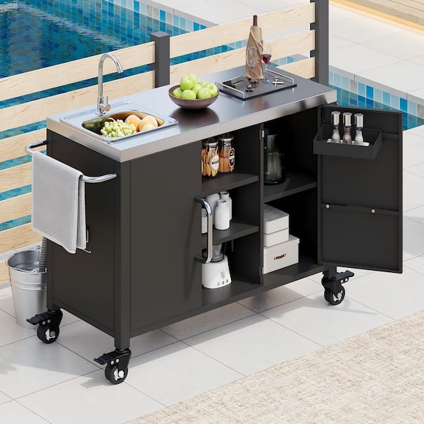 Classic Black Stainless Steel 55.5 in. Kitchen Island Outdoor Metal Frame Lockable Wheels Grill Cart with  Sink Station