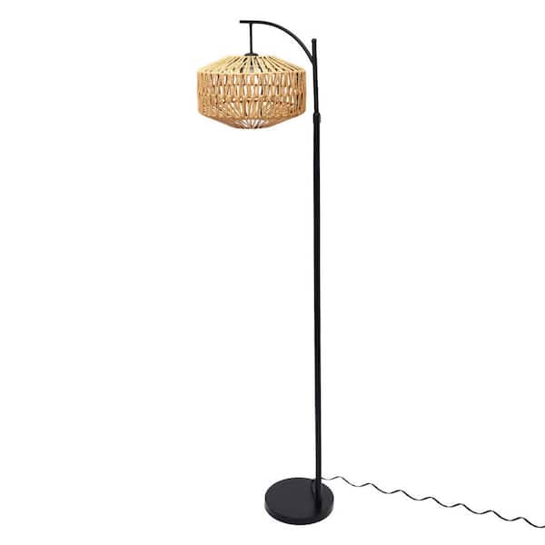 OUKANING 68.9 in. Black and Wood Bohemian 1-Light Tree Floor Lamp for Living Room Bedroom with Rattan Shade, No Bulbs Included