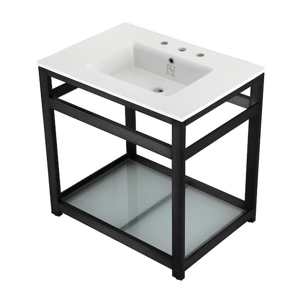 Kingston Brass 31 in. Ceramic Console Sink (8 in. in 3-Hole) with Stainless Steel Base in Matte Black