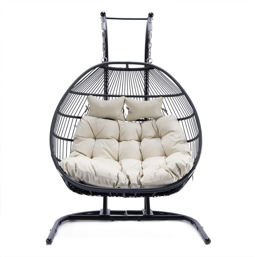 Wicker Hanging Double-Seat Patio Swing with Beige Cushion