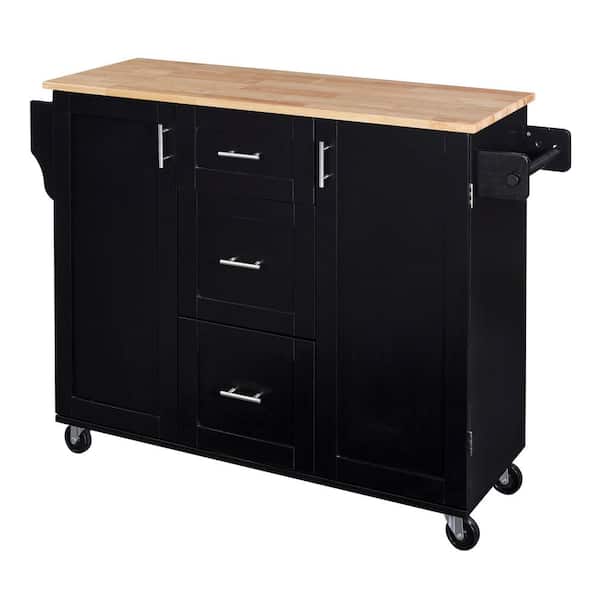 Tileon Black Wood 50 in. Kitchen Island on Wheels with Rubber Tabletop, 3-Drawers, Adjust Storage, Spice Rack & Towel Rack