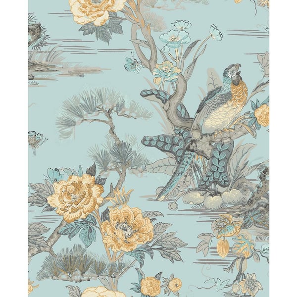 Seabrook Designs 56 sq. ft. Summer Sky & Honey Linden Bird Floral Paper Unpasted Wallpaper Roll