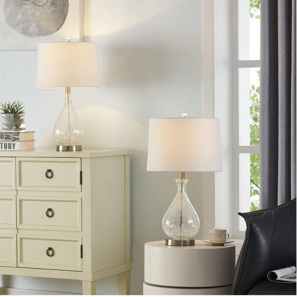Clear Glass Teardrop Table Lamp Set with White Linen Shade