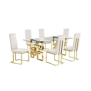 Dominga 7-Piece Rectangular Glass Top With Gold Stainless Steel Base Dining Set With 6 Cream Velvet Fabric Chairs