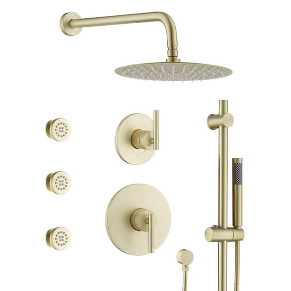 1-Spray 10 in. Dual Shower Head Wall Mount Fixed and Handheld Shower Head with Side Jets Sprayer 2.5 GPM in Brushed Gold