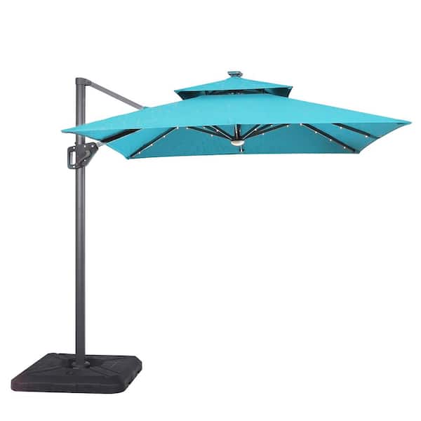 Furniture of America 2pc Yetta 8 ft. Aluminum Cantilever Crank Tilt and 360 Square Patio Umbrella and LED Lights in Teal with Base