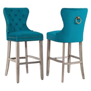 Harper 29 in. Teal Velvet Tufted Wingback Kitchen Counter Bar Stool with Solid Wood Frame in Antique Gray