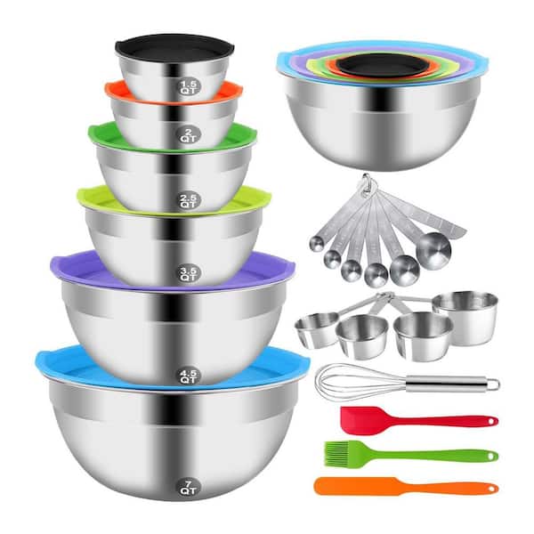 Stainless Steel Mixing Bowls with Lids Set, 27-Piece Kitchen Utensils, Measuring Cups and Spoons, Egg Whisk for Baking
