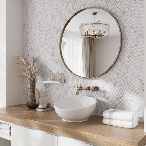 Serena 9 in. x 13 in. Polished White Gray Gold Calacatta Gold Chevron Mosaic Wall and Floor Tile (4 sq ft/case)-5 Pack