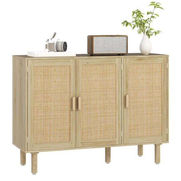 HOMCOM Oak Wood 46.9 in. Buffet Sideboard with Rattan Doors
