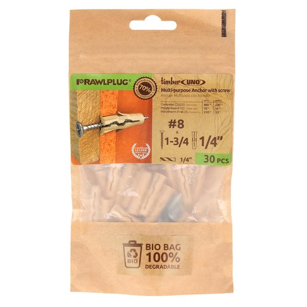 RAWLPLUG Uno Timber Multi-Purpose Drywall Anchors 1/4 with Screws 8 x 1-3/4 19 lbs. (Bio Pack of 30)