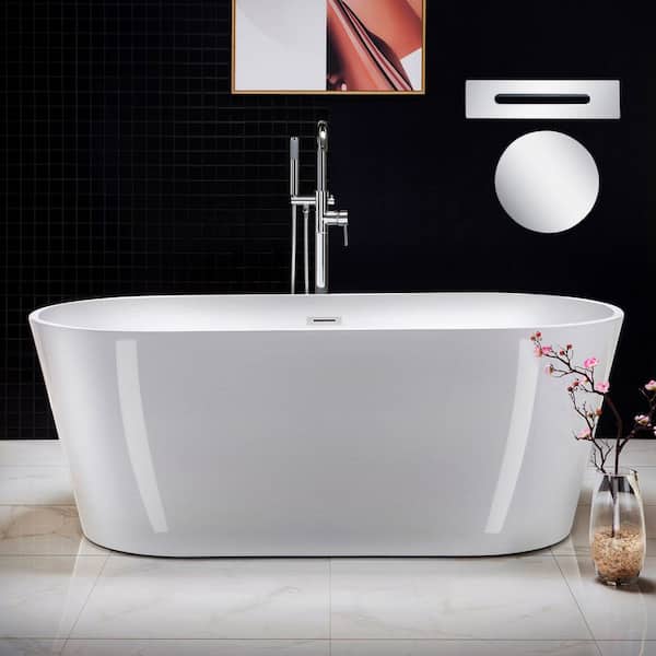 67 in. x 31.5 in. Acrylic Flat Bottom Soaking Bathtub in White with Polished Chrome Center Drain and Overflow