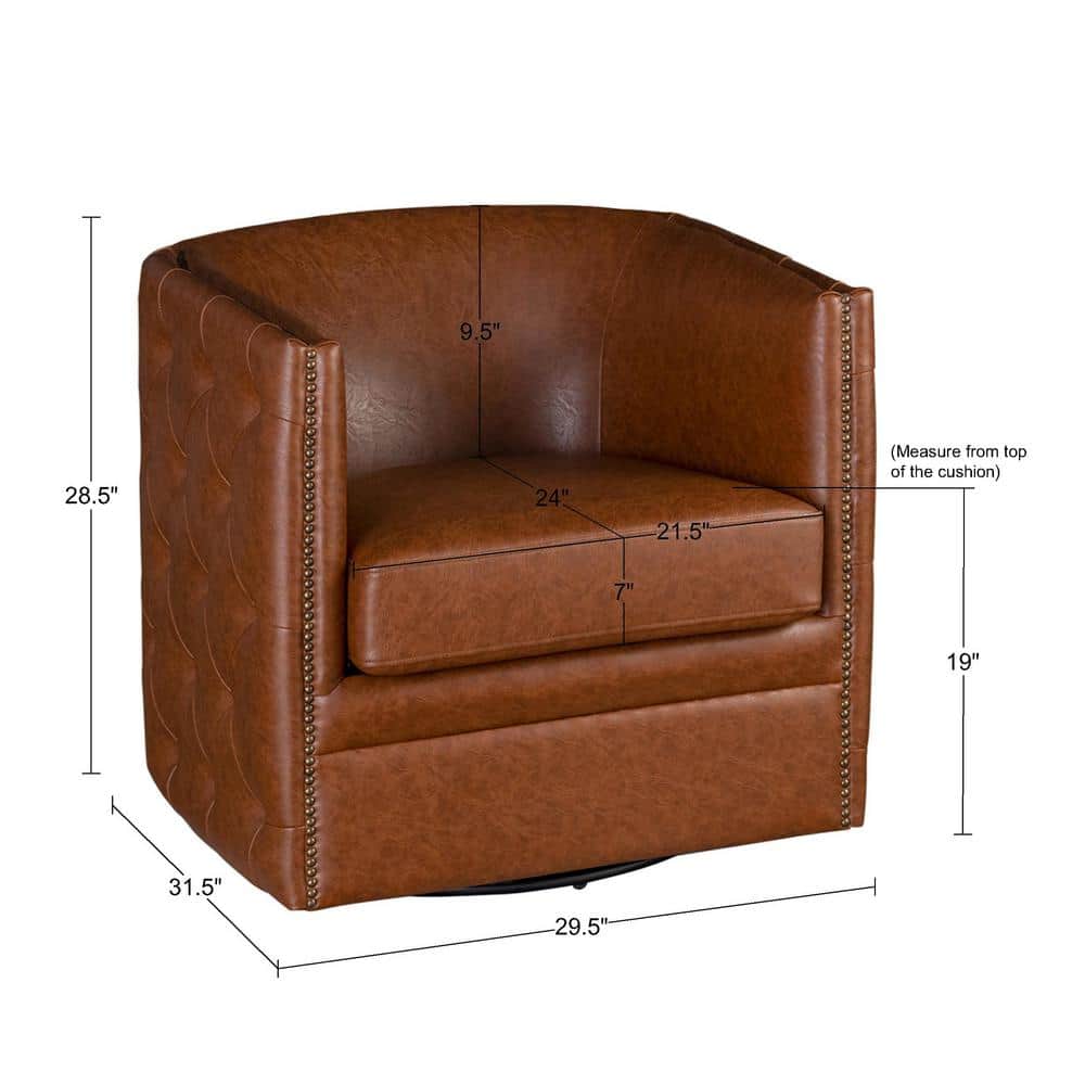 Brown Faux Leather Barrel Swivel Accent Chair with Wood Frame