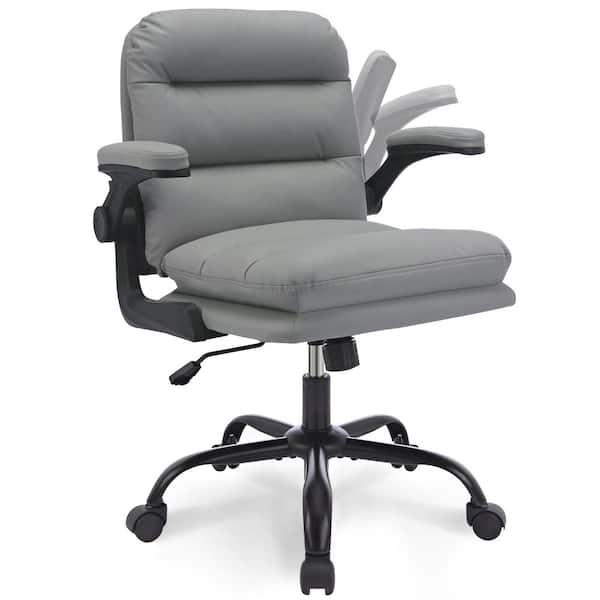 VECELO Office Chair Faux Leather Swivel Ergonomic Task Chair in Gray with Flip-up Armrest and Thickened Cushion