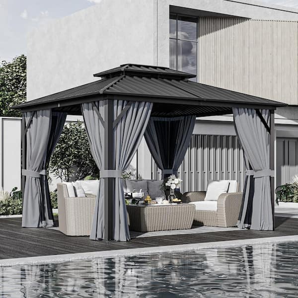Sizzim 12 ft. x 10 ft. Outdoor Double Roof Gazebo , Aluminum Frame Hardtop Gazebo with Ceiling Hooks, Netting and Curtain
