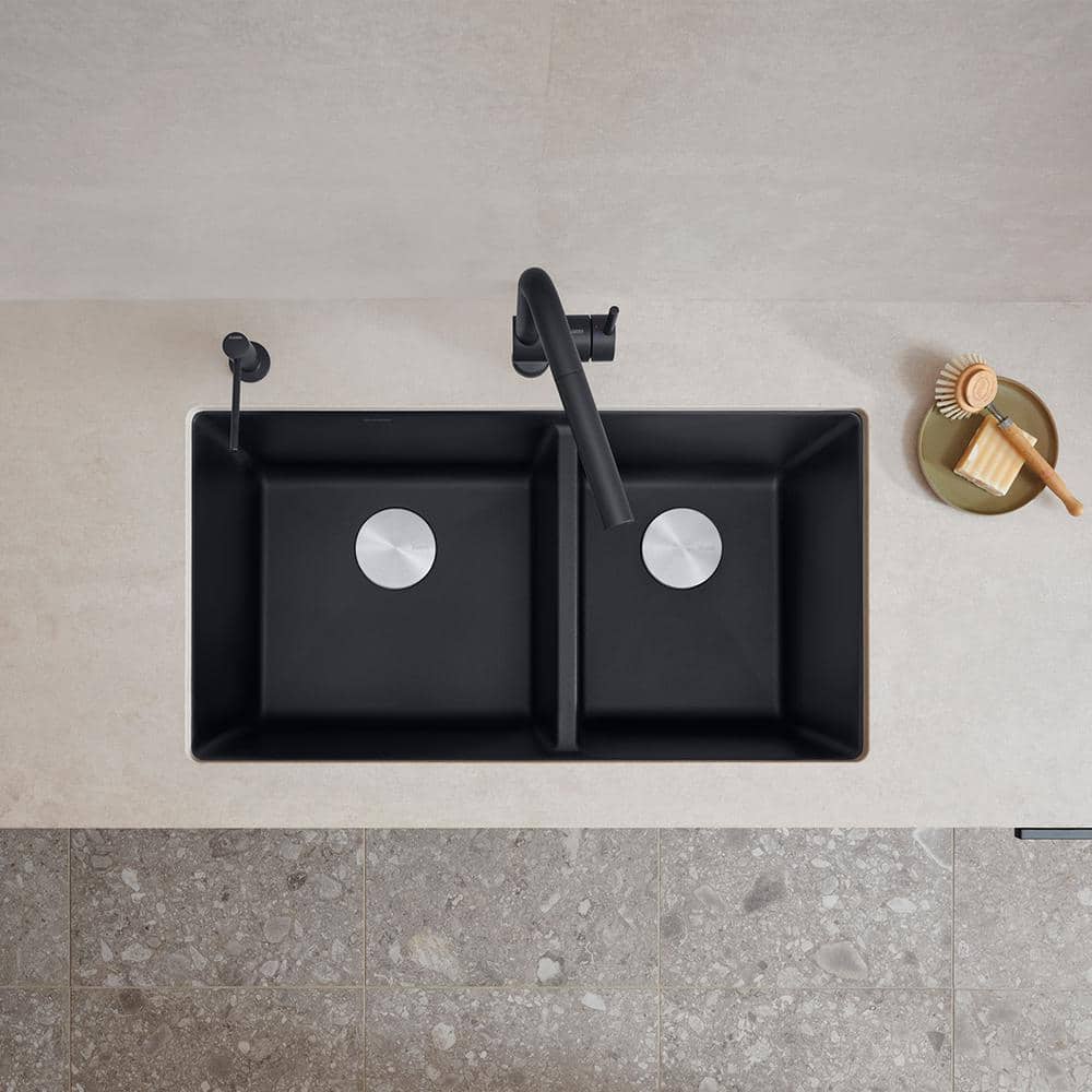 Coal Black 33" Granite Composite Double Bowl Undermount Kitchen Sink