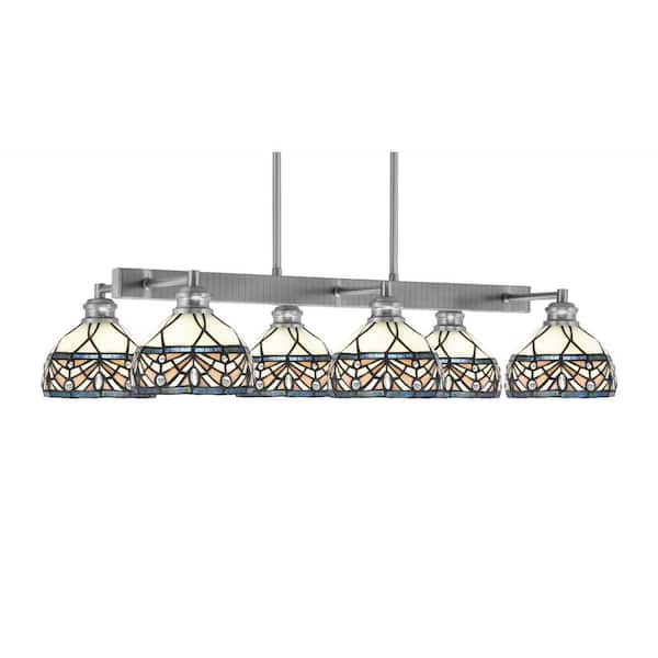 Unbranded Albany 6 Light Brushed Nickel Downlight Chandelier, Linear Chandelier for the Kitchen with Royal Merlot Art Glass Shades