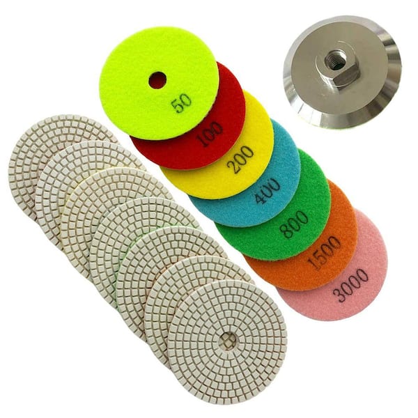 4 in. White Resin Polishing Pad Set (50,100,200,400,800,1500,3000 Grit, Metal Backing Pad) for Granite, Marble, Concrete