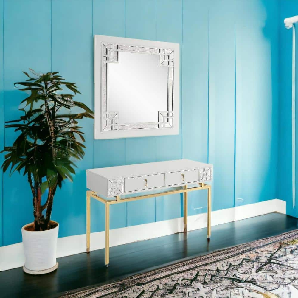14.4 in. White Rectangle Wood Console Table with Mirrored; Drawers