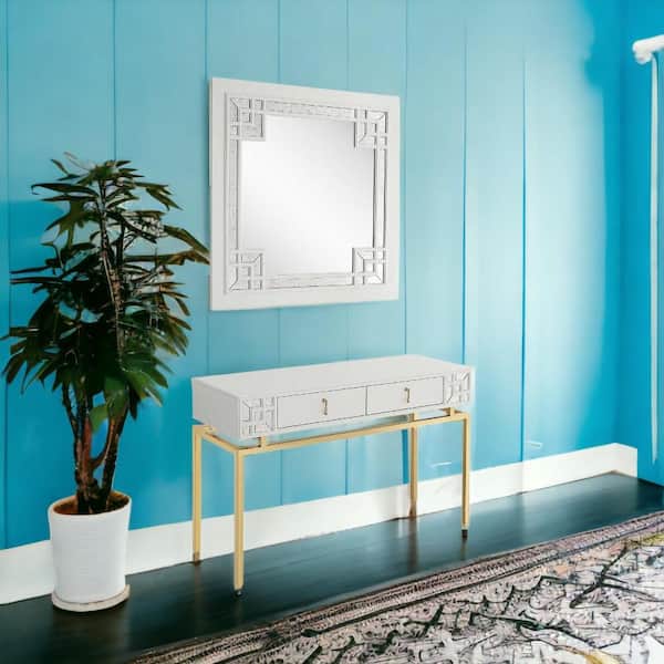 HomeRoots 14.4 in. White Rectangle Wood Console Table with Mirrored; Drawers