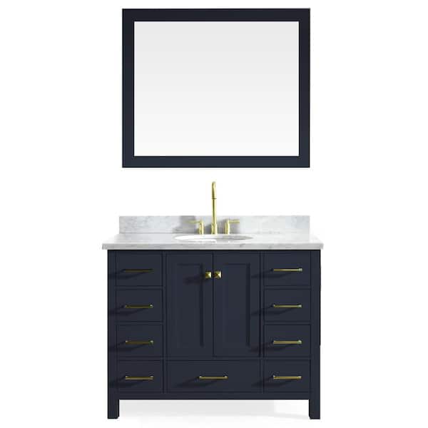 ARIEL Cambridge 43 in. W x 22 in. D Vanity in Midnight Blue with Marble Vanity Top in White with White Basin and Mirror