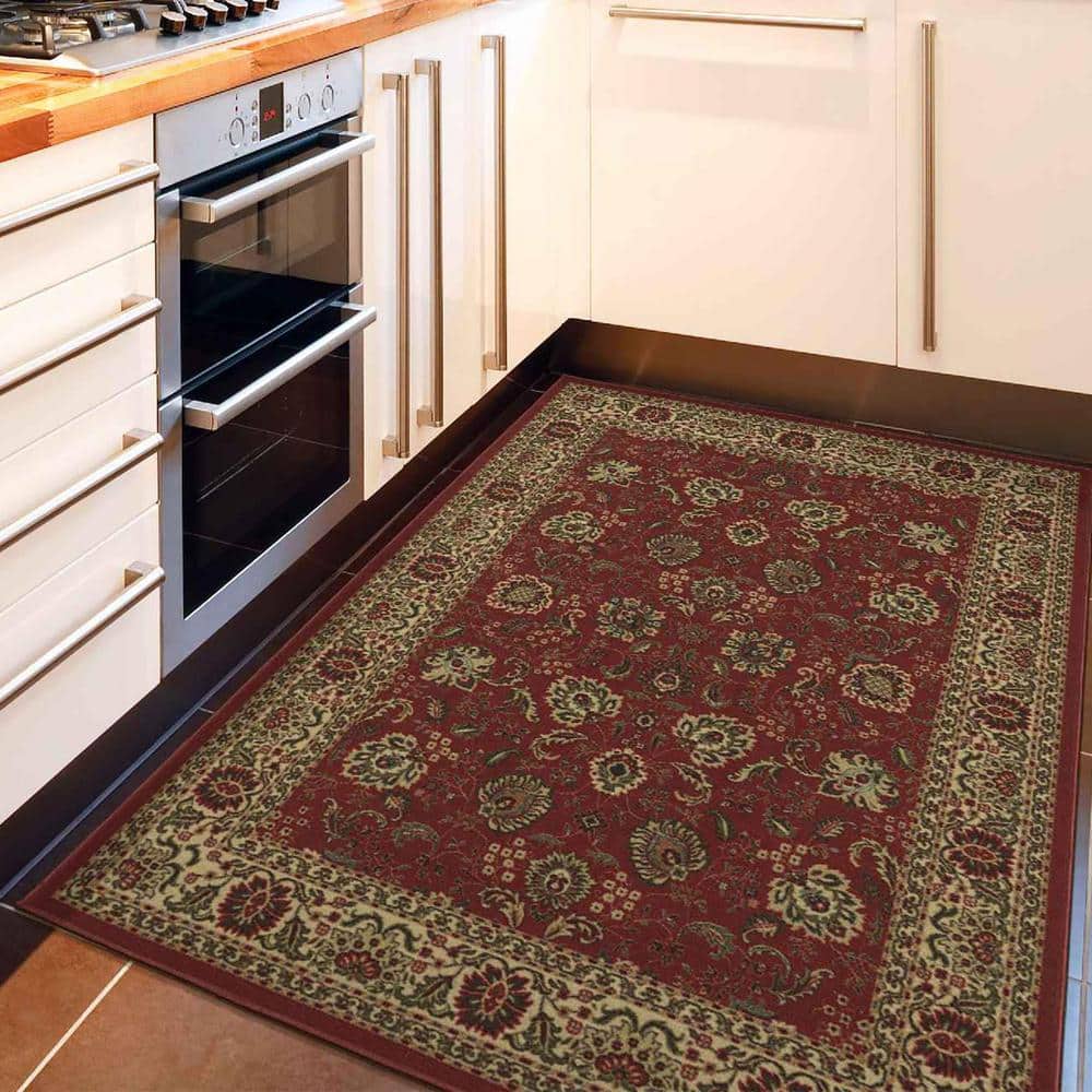 Dark Red Traditional Floral Non-Slip Synthetic Area Rug