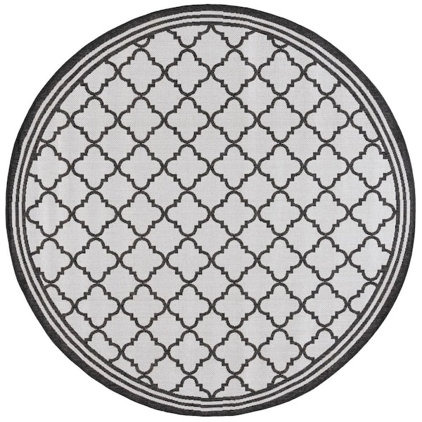 Linden Light Gray/Charcoal 7 ft. x 7 ft. Border Geometric Trellis Indoor/Outdoor Round Area Rug