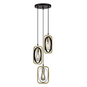 Anjo Collection 3-Light Black and Satin Brass Finish Pendant with Pivoting Frames and Exposed Sockets