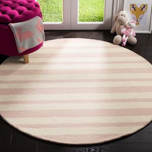 Kids Pink/Ivory 5 ft. x 5 ft. Round Striped Area Rug