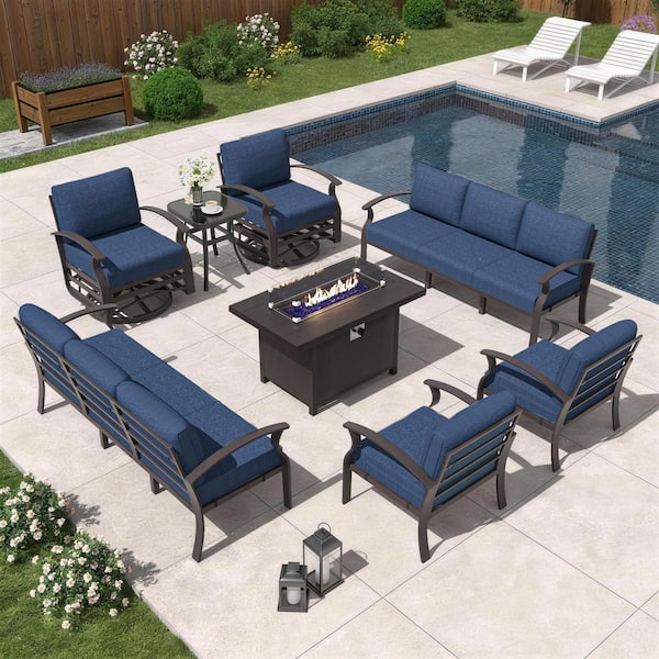 10-Piece Aluminum Patio Conversation Set with armrest, Firepit Table, Swivel Rocking Chairs and Navy Blue Cushions