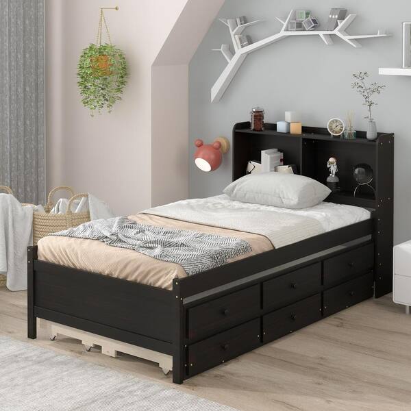 URTR Modern Brown Twin Size Bed with Twin Size Trundle, Wooden 