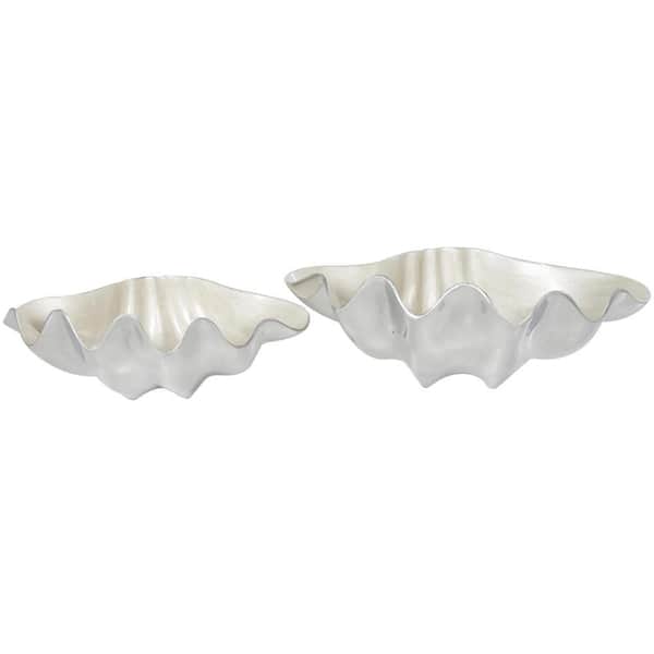 Litton Lane White Aluminum Metal Shell Enameled Decorative Bowl with Silver Metal Exterior (Set of 2)