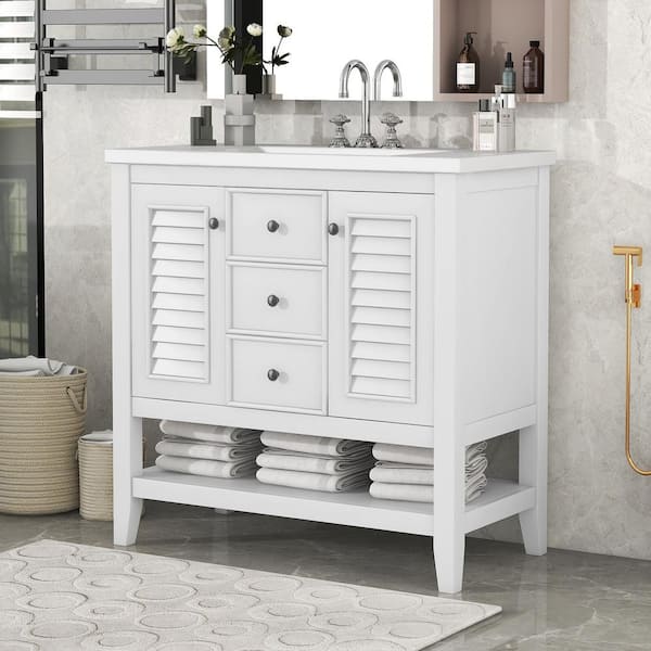 Staykiwi 36 in. W x 18.03 in. D x 34.38 in. H Single Sink Freestanding Bath Vanity in White with White Ceramic Top