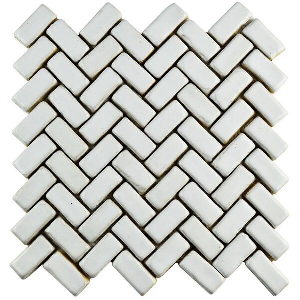 Merola Tile Cobble Herringbone White 11 in. x 11-1/2 in. x 13 mm Ceramic Mosaic Tile