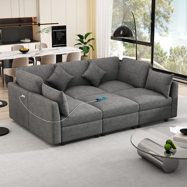 Grey 86.6 in. Modular Chenille Sectional Sofa Bed Sofa with a Movable Ottoman and Two USB Port
