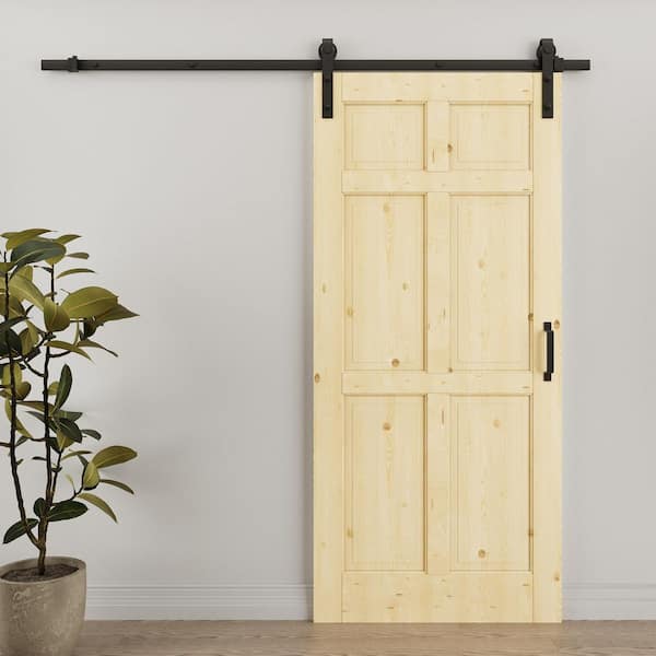36 in. x 80 in. 6-Panel Unfinished Solid Core Pine Wood Sliding Barn Door with Hardware Kit