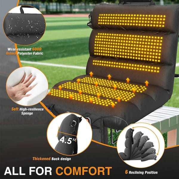 Heated Stadium Seat with Back Support, 3-Heat Levels, 4.5" Cushion, Hooks & Strap, Waterproof 600D Fabric