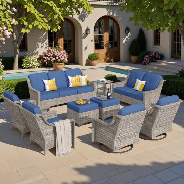 Eureka Gray 9-Piece Wicker Modern Outdoor Patio Conversation Sofa Seating Set with Swivel Chairs and Navy Blue Cushions