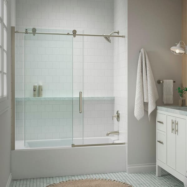 KOHLER Cursiva 56-60 in. W x 62 in. H Sliding Frameless Bath Tub Door in Anodized Brushed Nickel