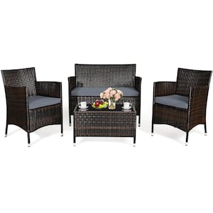 4-Piece Patio Rattan Conversation Set Outdoor Wicker Furniture Set with Tempered Glass in Gray Cushion