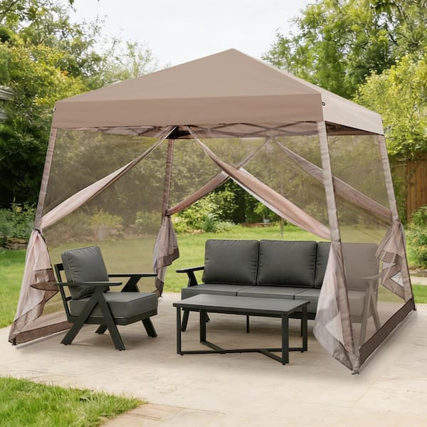 10 ft. x 10 ft. Pop-up Gazebo Slant-Leg Gazebo Tent w/ Adjustable Leg Mosquito Netting Retractable Frame Outdoor, Beige