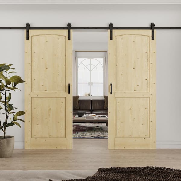 64 in. x 80 in. (Double 32 in. ) Arch 2-Panel Unfinished Solid Core Pine Wood Sliding Barn Door with Hardware Kit