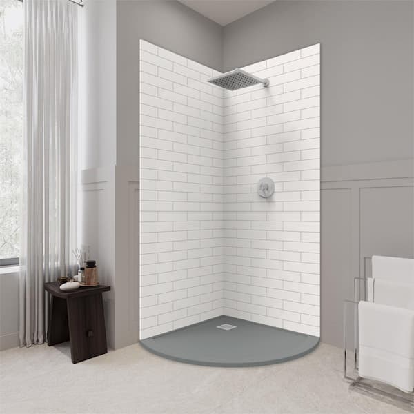 CASTICO Corner Round 37 in. L x 37 in. W x 84 in. H Solid Composite Stone Shower Kit w/Subway Walls and Graphite Shower Pan Base
