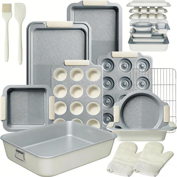 25-Piece Cream Stackable Baking Pans Set, Nonstick Bakeware Sets with Silicone Handles, 450°F Oven Safe Cookie Sheets