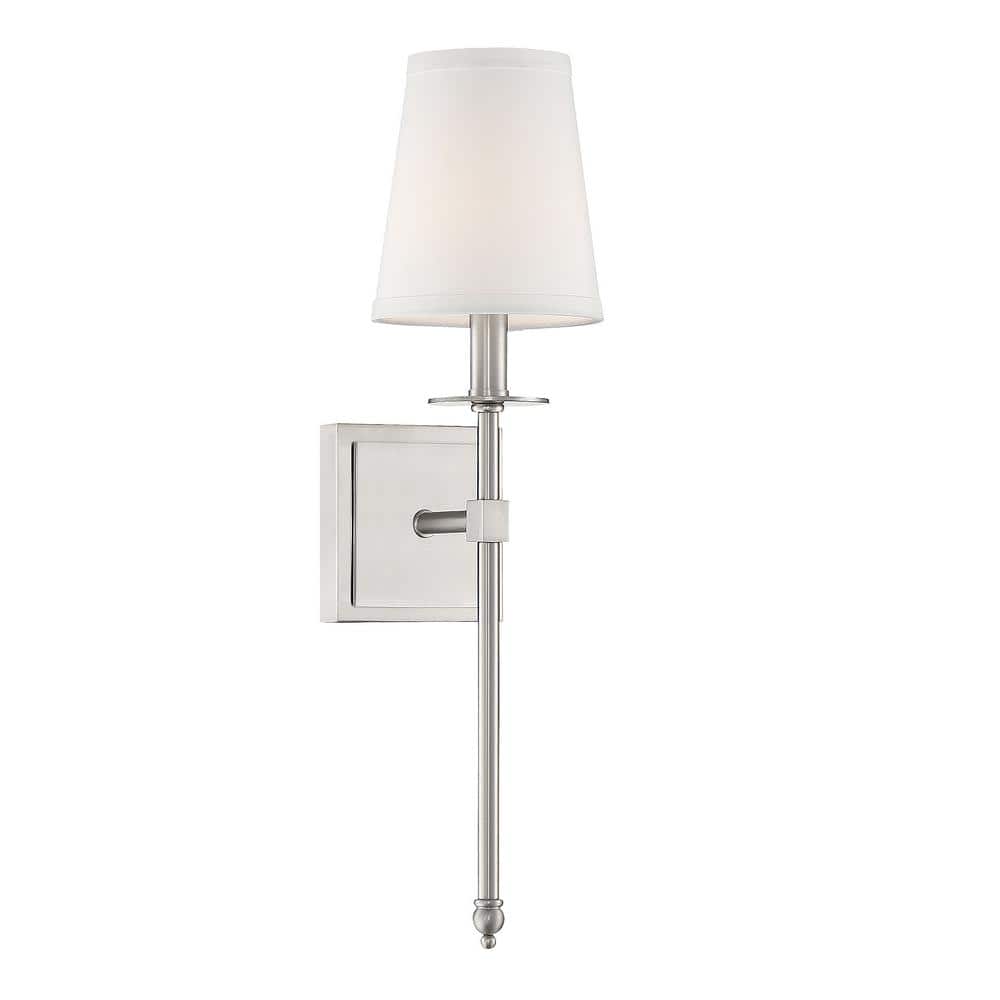 Monroe 5 in. W x 20 in. H 1-Light Satin Nickel Wall Sconce with White Fabric Shade price history on PriceWatchPro