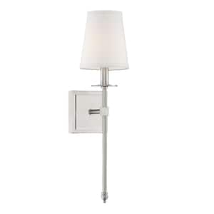 Monroe 5 in. W x 20 in. H 1-Light Satin Nickel Wall Sconce with White Fabric Shade