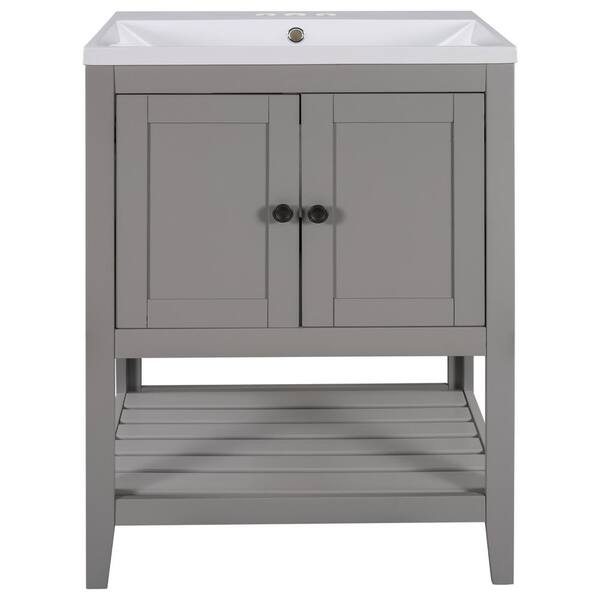 Zeus & Ruta 24 in. W x 18 in. D x 33.6 in. H Single Sink Bath Vanity in Gray with White Ceramic Top and Open Shelf