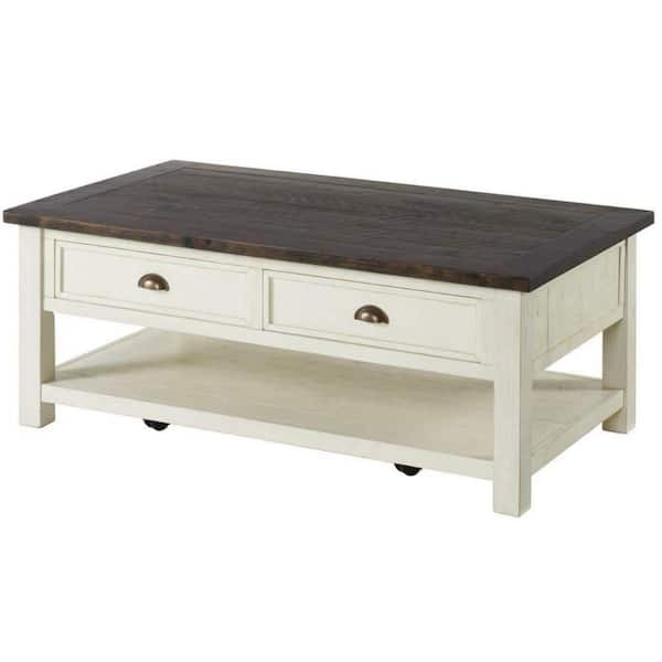 Benjara 50 in. Cream White and Brown Rectangle Wood Coffee Table with 2 ...